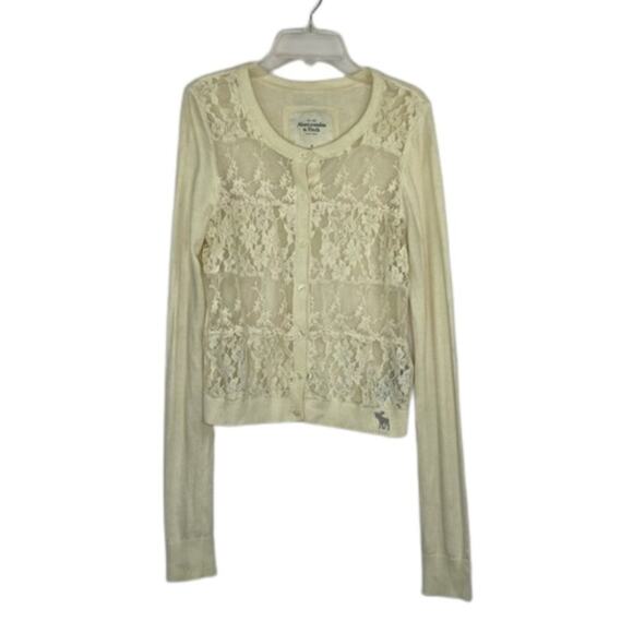 Abercrombie & Fitch ivory knit and lace button down cardigan size Medium - Picture 1 of 11